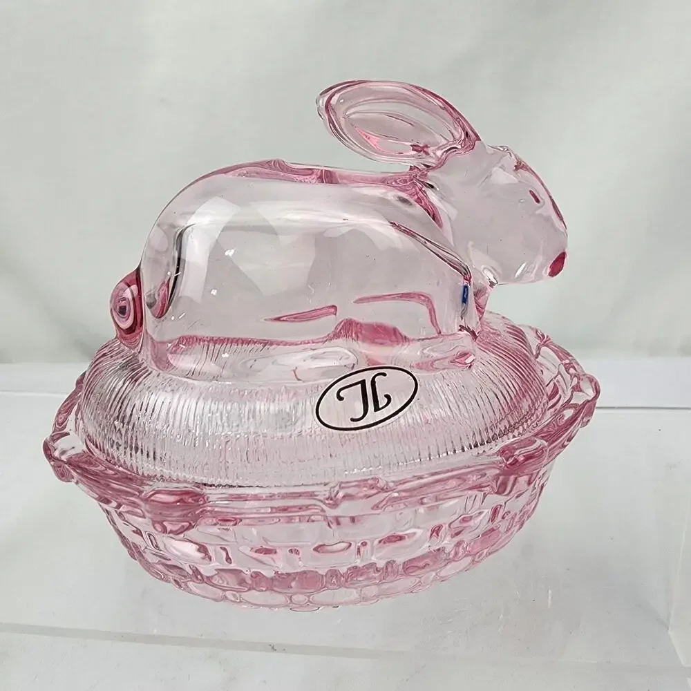 JL Pink Bunny On A Nest Glass Dish with Lid Butter Candy Easter Spring NWT